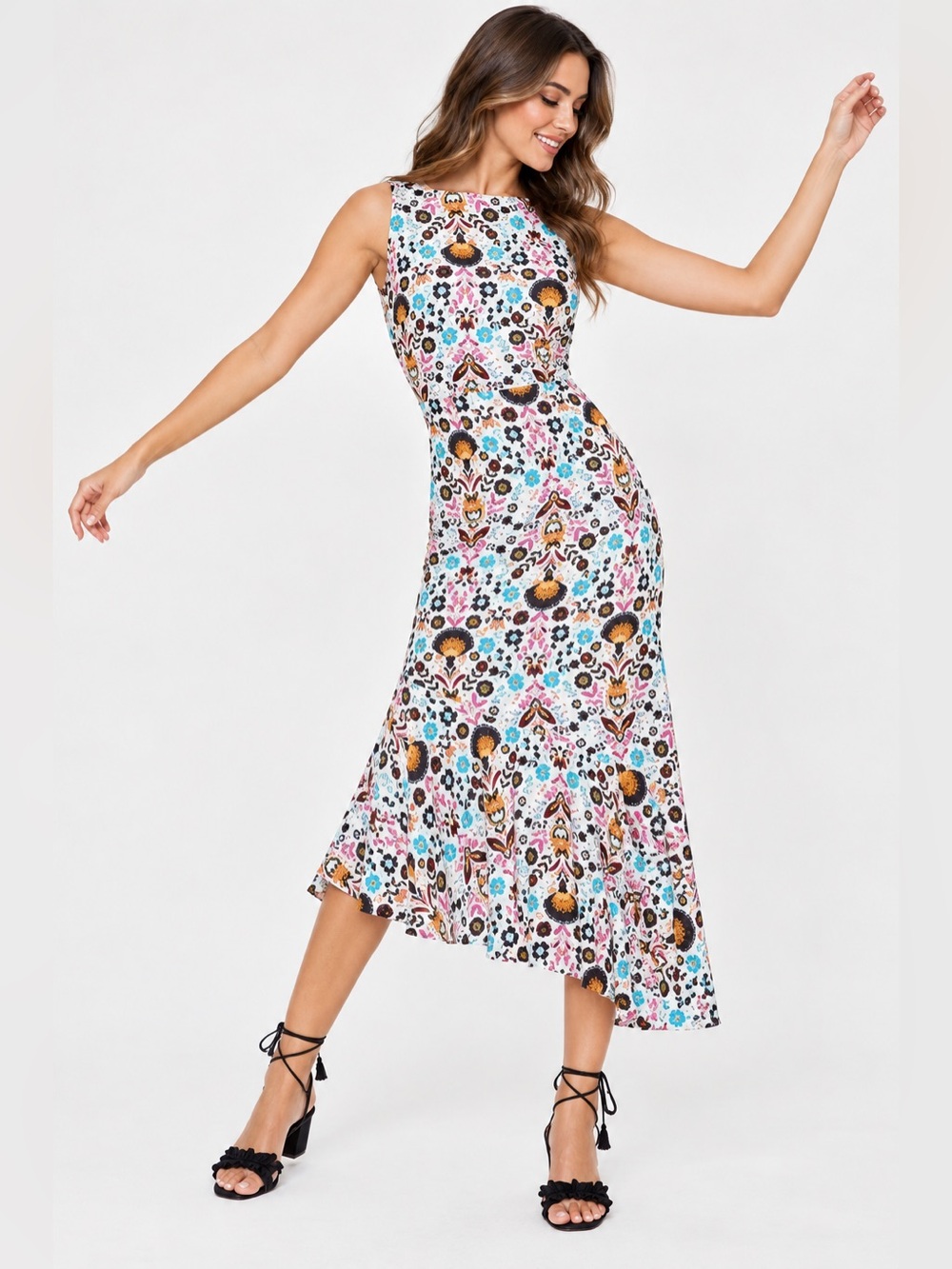 Boden • Ivory Carnival Floral Tessa Asymmetrical Midi Dress 8R